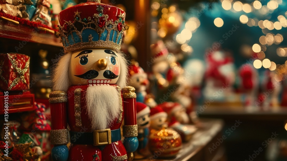 Naklejka premium A wooden Christmas nutcracker ornament stands among festive decorations