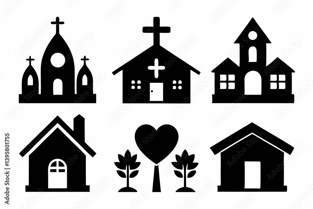 Naklejka premium Christian home icon set silhouette black vector