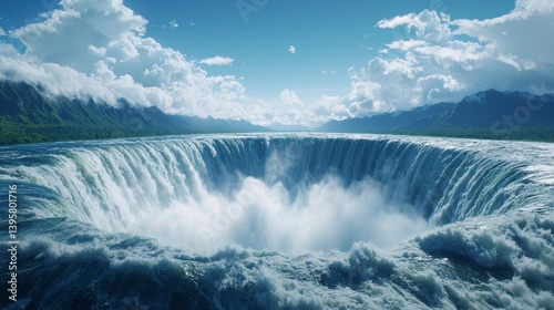Majestic Waterfall Flowing Into a Circular Abyss Under Blue Sky