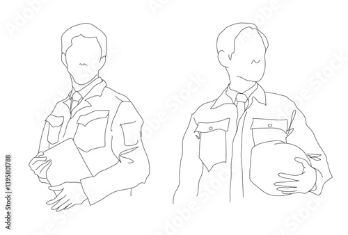 作業着を着た現場監督・施工管理・責任者の男性のイラスト
シンプル線画スケッチベクターイラスト　背景透過 