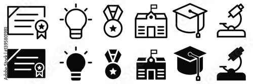 Editable stroke Icon collection. Includes certificate icons, idea, school, lab and more. Outline and solid icons Vector illustration.
