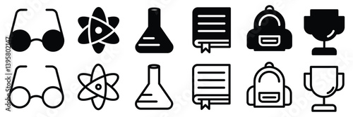 Outline and solid icons of education, studying and science. Vector illustration.