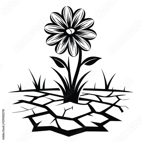 Black and White Flower Growing in Dry Cracked Soil Silhouette Blossom and Drought