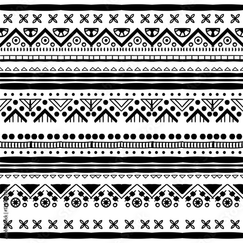 Black and white Ethnic seamless in native style. Vector pattern with African art decoration tribal geometric shape symbols. Folk background vector. Tent boarder backdrop. Abstract Aztec line motif