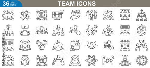 Team icons set. Flat line icon representing teamwork, collaboration, leadership, project management, office communication concepts, and more. Vector illustration
