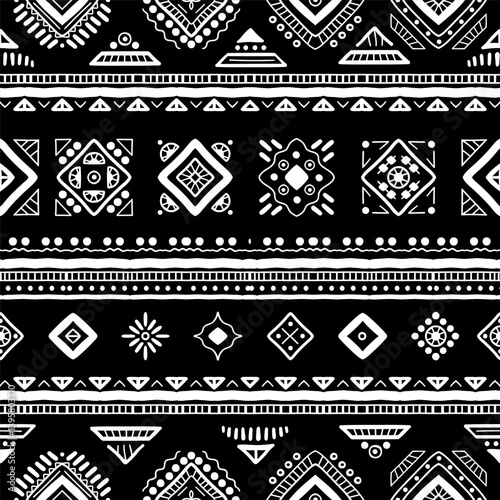 Black and white Ethnic seamless in native style. Vector pattern with African art decoration tribal geometric shape symbols. Folk background vector. Tent boarder backdrop. Abstract Aztec line motif