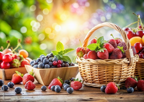 Fresh Summer Fruit Basket in Lush Greenery with Bokeh - Stock Photo