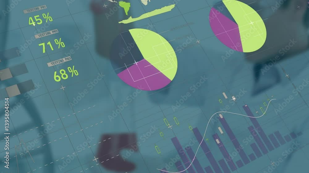 In school, animation of colorful pie charts overlaying professionals analyzing data