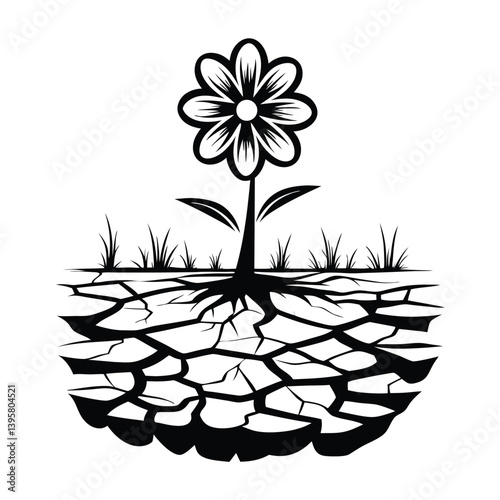 Cracked Earth Flower Black and White Floral Icon with Roots Detail