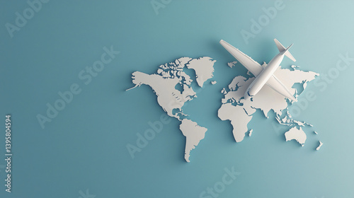 Airplane sketch with trail forming world map lines, aviation navigation concept