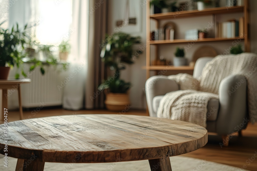 Round wooden coffee table displaying products in cozy living room Round wooden coffee table displaying products in cozy living room