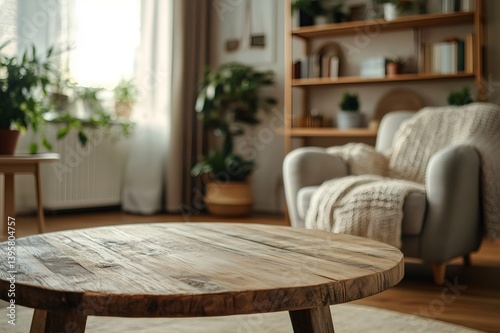 Round wooden coffee table displaying products in cozy living room