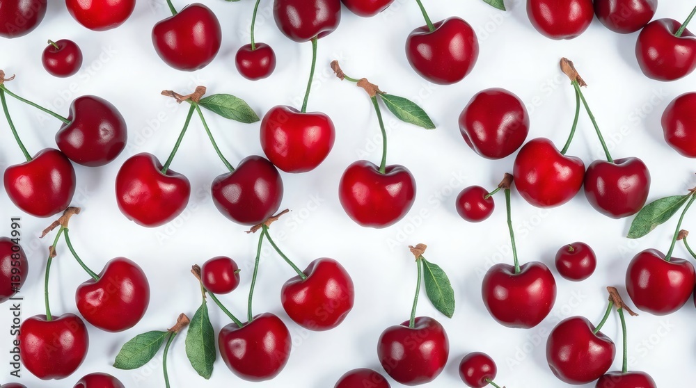Fresh, bright red cherries arranged on a white surface for a vibrant display Generative AI