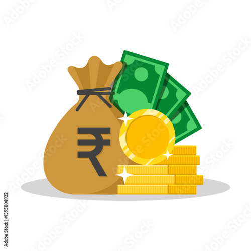 Indian currency bag with rupee symbol, coins, and cash financial wealth and savings concept vector illustration.