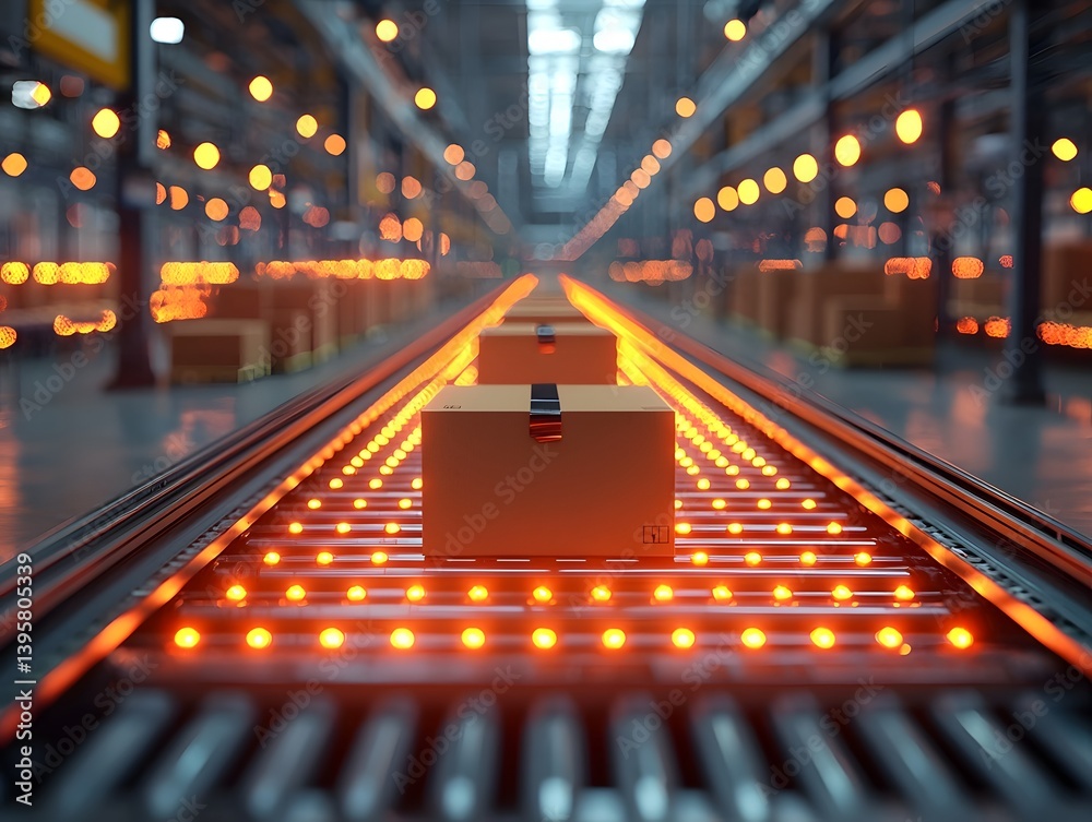 Automated order fulfillment center with glowing conveyor belts sorting items into shipping boxes