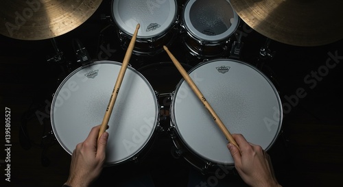 Overhead shot of a drum set with drumsticks in the hands of a drummer