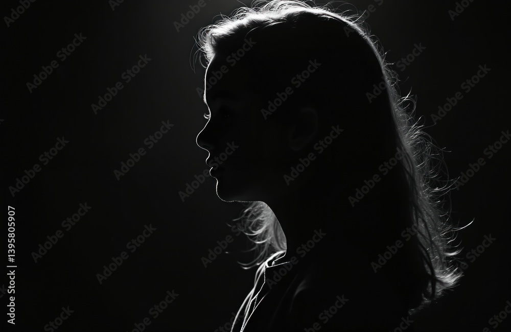 Silhouette portrait young teenage girl on black background. Profile side view of female person face. Dark hair studio shot, art concept of youth beauty, dreams.