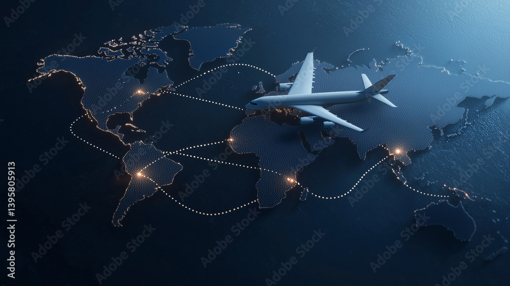 Air travel map with dotted arcs, plane mid-route between continents