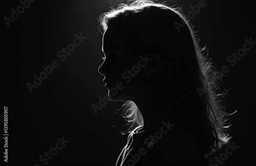 Obraz na płótnie Silhouette portrait young teenage girl on black background. Profile side view of female person face. Dark hair studio shot, art concept of youth beauty, dreams. w salonie