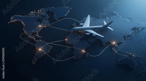 Obraz na płótnie Air travel map with dotted arcs, plane mid-route between continents w salonie