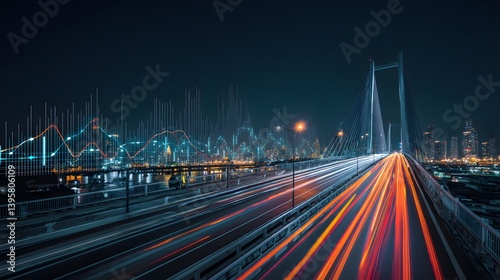Night cityscape with bridge and light trails from traffic long exposure shot.