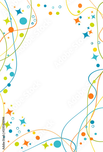 Ribbons border background template with colorful   blue, orange ,green lime colors thin wavy lines,stars ,confetti on white background .Party invitation ,birthday greeting concept. Free copy space.