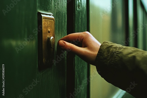 A gentle hand reaches for a vintage doorbell, its worn brass surface reflecting nostalgia, hinting at stories of the past.