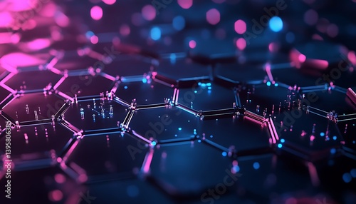 Abstract 3d rendering of chaotic colorful hexagons on dark background.