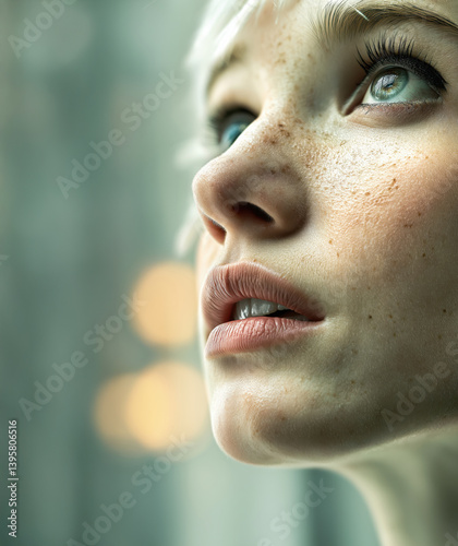 Close-up of a young person's face with freckles, soft lips, and expressive eyes gazing upward. Smooth skin texture and natural lighting enhance the serene mood.