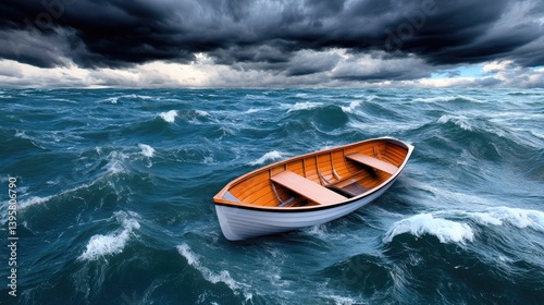 A small fishing boat navigates through stormy seas, surrounded by ominous clouds and churning waves, showcasing the struggle against nature