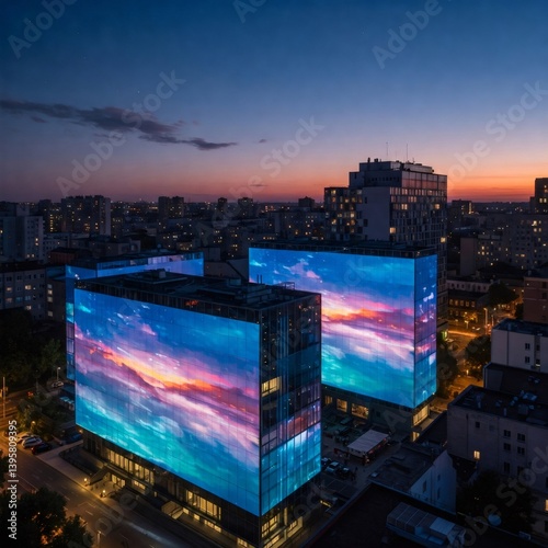 Modern buildings covered with giant led screens displaying colorful clouds at sunset in Warsaw