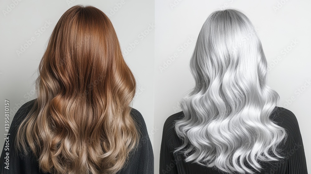Fototapeta premium Before & after hair color transformation. Long wavy hair changes from auburn to silver.