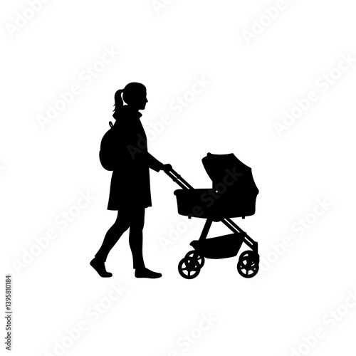 Silhouette of Mother Walking with Baby Stroller Parenthood, Family, and Childcare