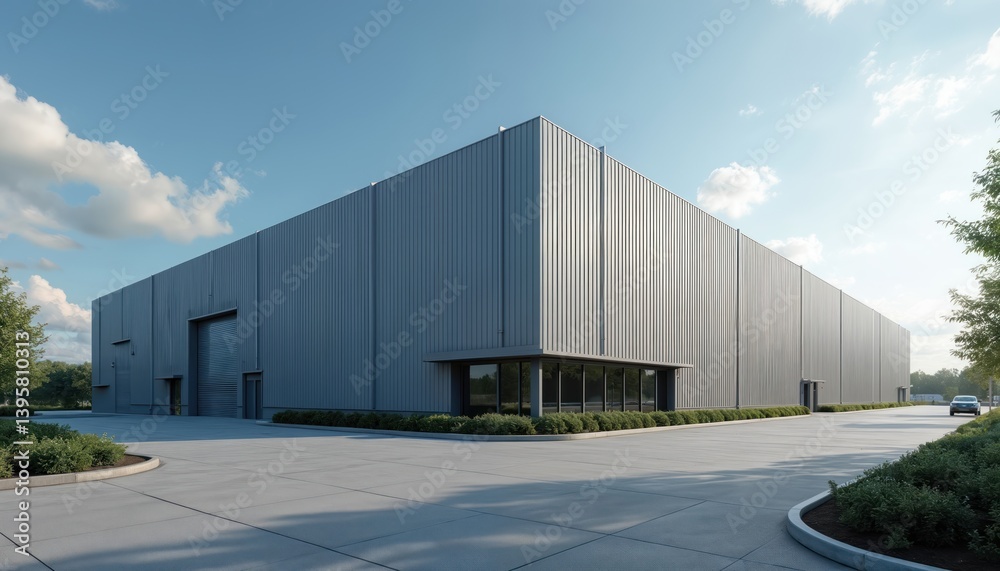 Modern industrial warehouse building against blue sky with clouds. Architectural exterior of storage facility with commercial facade. Structure represents construction business company. Modern industrial warehouse building against blue sky with clouds. Architectural exterior of storage facility with commercial facade. Structure represents construction business company.