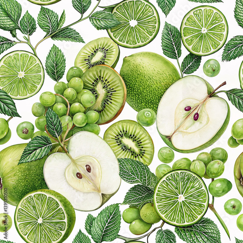 Seamless image, mint green with fruits and berries, surface pattern design