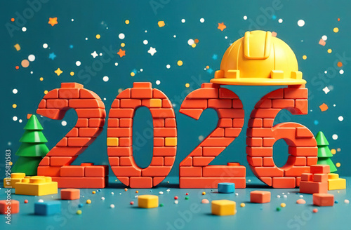 The numbers 2026 are made of bricks. New year greeting card with yellow construction helmet for builders