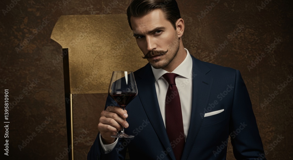 Naklejka premium Sophisticated man raising glass of red wine in a luxurious setting studio
