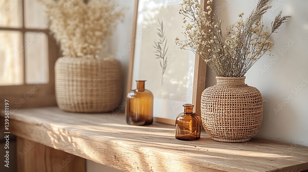 Rustic Home Decor with Dried Flowers and Amber Glass Vases on Reclaimed Wooden Surface in Natural Light