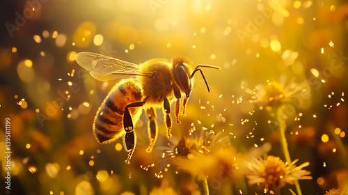 Golden Sunlit Honeybee Collecting Nectar from Flower