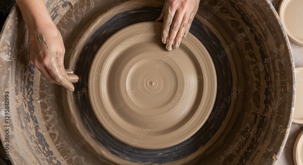 Hands shaping clay on a pottery wheel in a workshop overhead view