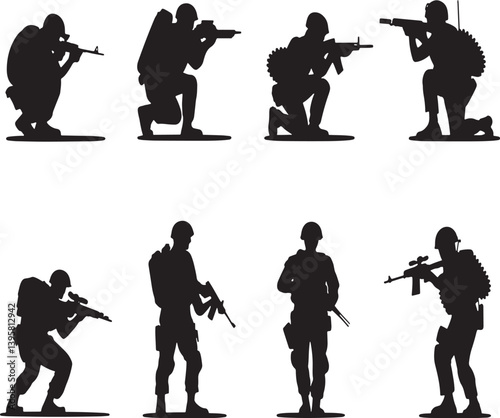 Silhouette Soldiers Posing With Guns Vector Illustrations