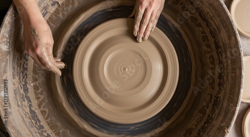 Obraz na płótnie Hands shaping clay on a pottery wheel in a workshop overhead view w salonie