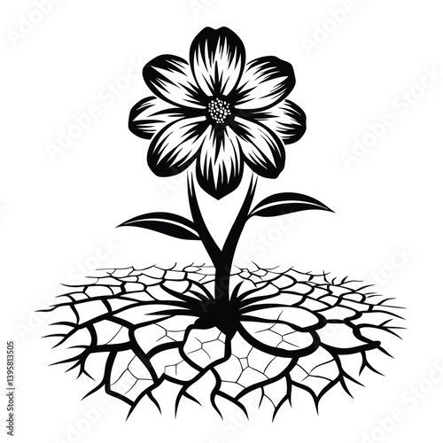 Flower Blossom Growing on Cracked Earth, Isolated on White, Symbolic Resilience Concept