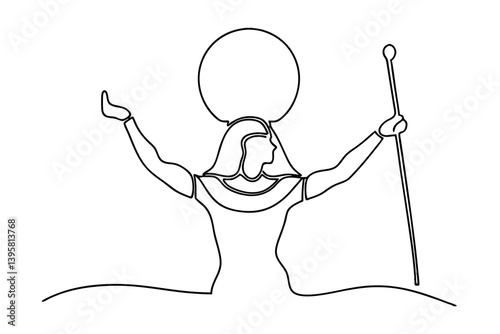 Continuous Line Drawing Egyptian Goddess Hathor With Solar Disk And Staff Simple Art