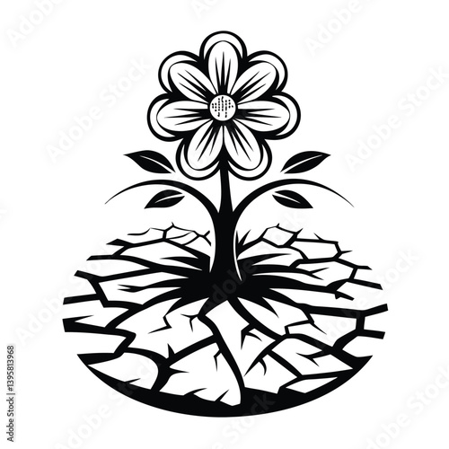 Flower Growing on Cracked Ground Icon, Black and White Blossom and Soil