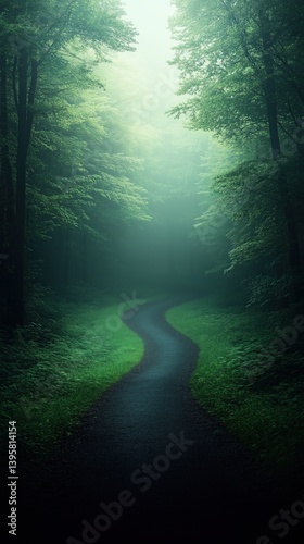 Mysterious winding path through a foggy forest in early morning light
