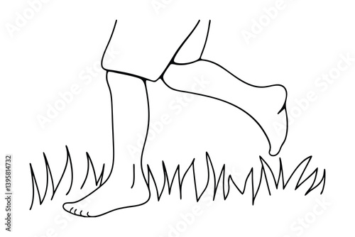 Line Art Barefoot Child Running In Grass Simple Drawing Illustration Vector