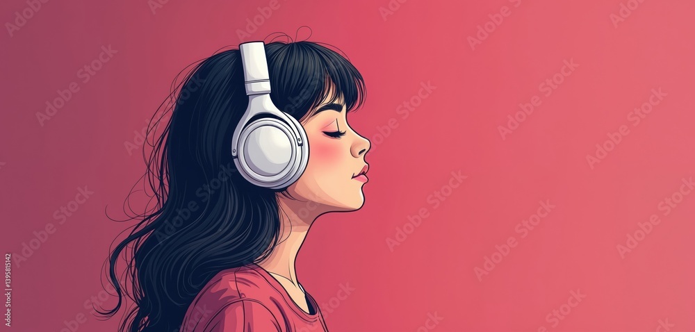 Obraz premium Teenage girl listens music with headphones on magenta background. Eyes closed in meditation. Young woman enjoys sound of music in earphones. Illustration for relaxation relaxation, music beats, pop.