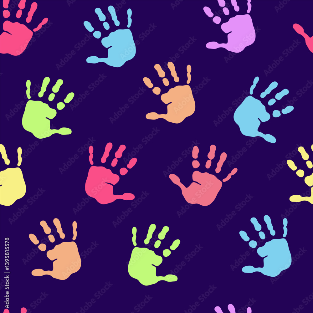 seamless pattern with colored prints of children's hands on a dark background seamless pattern with colored prints of children's hands on a dark background