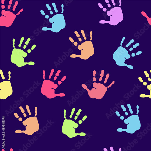 seamless pattern with colored prints of children's hands on a dark background